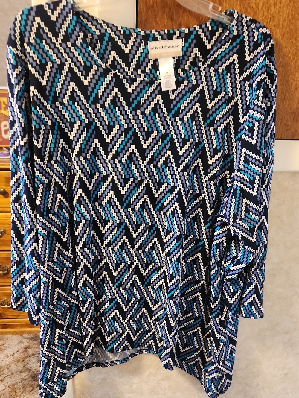 Alfred Dunner Blue Black White Geometric Print Women’s Top